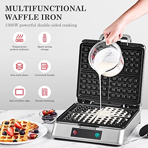 Redmond Waffle Maker, Nonstick 4 Slice Square Waffle Iron, Compact Classic Stainless Steel Waffle Maker For Family Use Breakfast, 1300W, Silver #TOP2