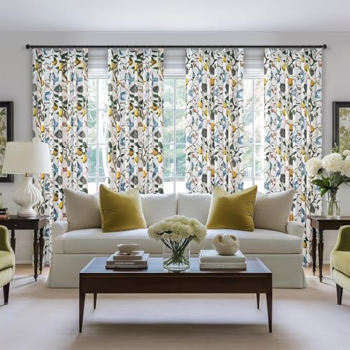 Image of Blue White Vintage Floral Curtains 84 Inches Long for Living Room Bedroom Luxury Whimsical Lemon Hummingbird Patterned Waverly Mid Century Colorful Pinch Pleated Blackout Drapes 2 Panels