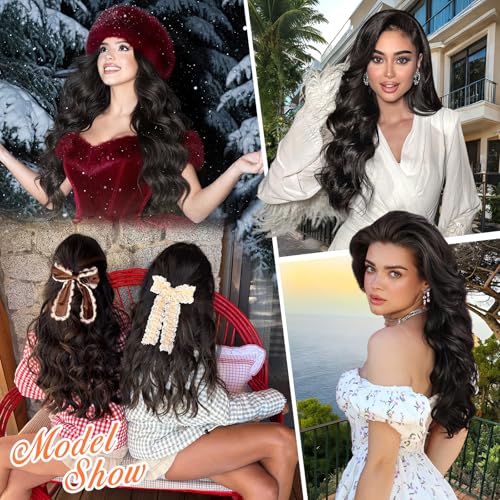 ALXNAN Clip in Long Wavy Synthetic Hair Extension 20 Inch Black Brown 4PCS Thick Hairpieces Fiber Double Weft Hair for Women