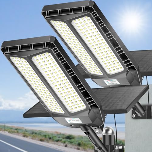 Deepn Solar Lights Outdoor 8000W, Solar Street Lights Outdoor Waterproof Dusk to Dawn 7000K LED Security Flood Light with Motion Sensor and Remote Control for Pathway, Entryway & Yard 2 Pack