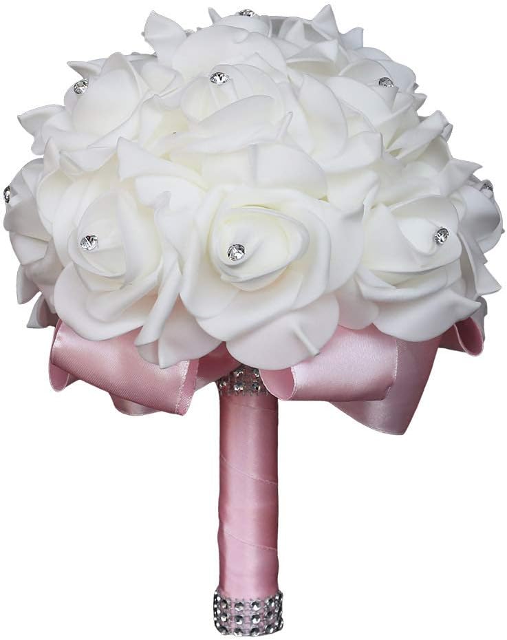 Wedding Bouquet, Pink Bouquet for Bride Bridesmaid with Diamond Soft Ribbons, Artificial Rose Bridal Holding Flowers for Party Church