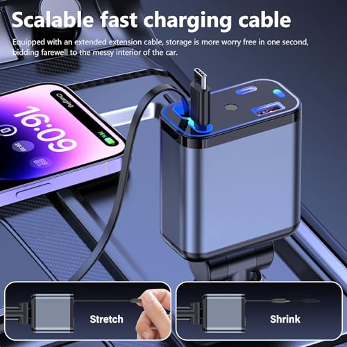 4-in-1 Retractable Car Charger, 120 W Starry Sky Car Charger, 4-in-1 Car Charger, Starry Sky, Projector Car Mobile Phone Charger, Cigarette Lighter USB C with 80 cm Cables