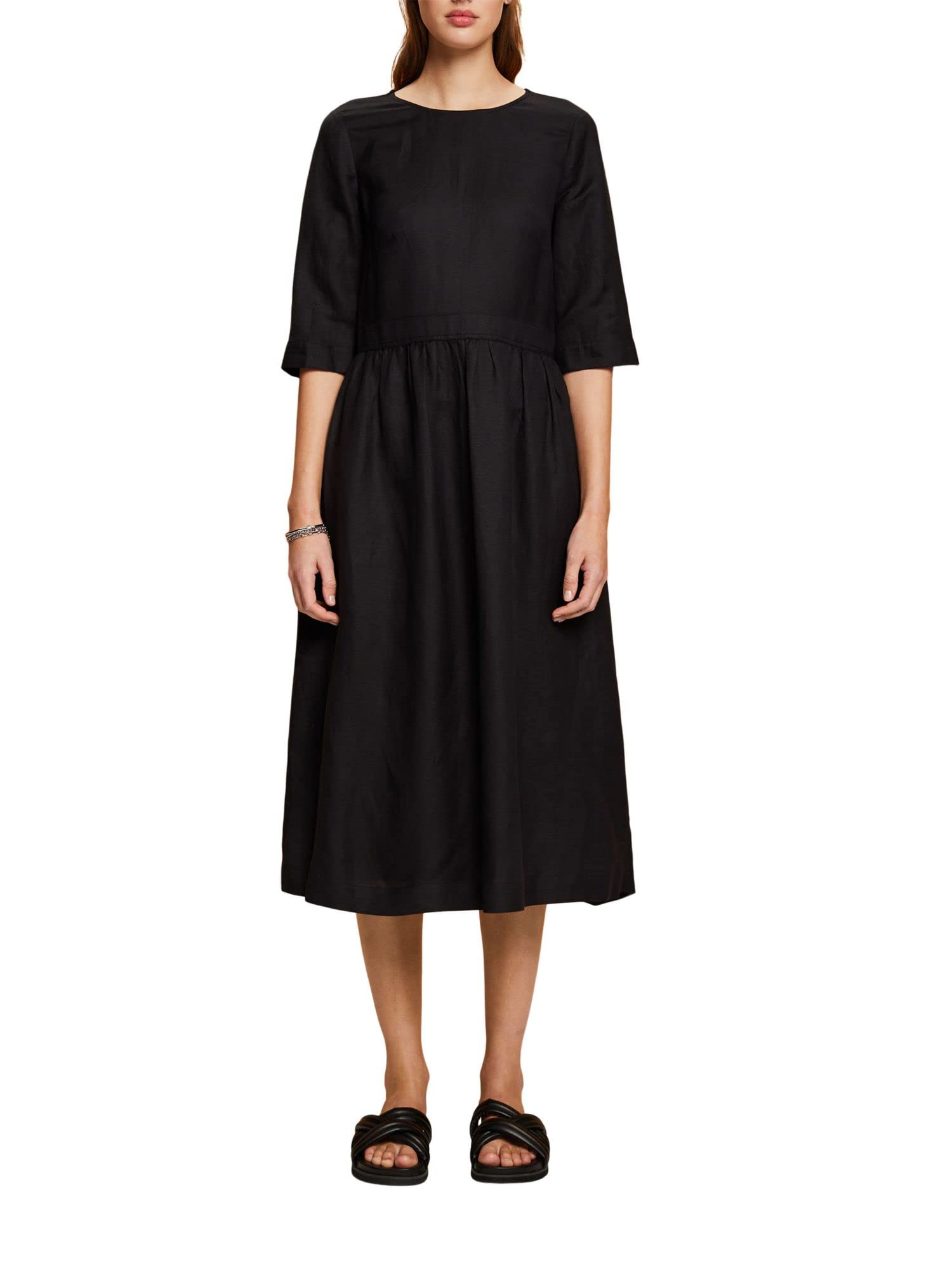 ESPRIT Linen Blend Viscose Woven Midi Dress, Black, 8