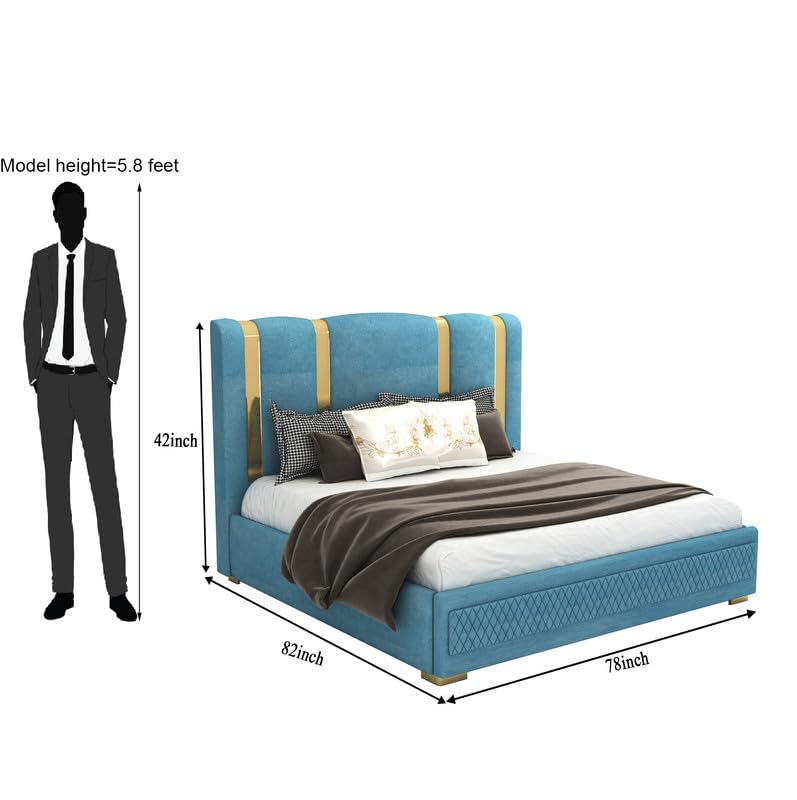 Image of STRATA FURNITURE Solid Wood King Size Bed with Box Storage and Upholstered Headboard | Modern Wooden Double Bed Cot Palang Furniture for Bedroom, Hotels, Living Room, and Home (Blue)