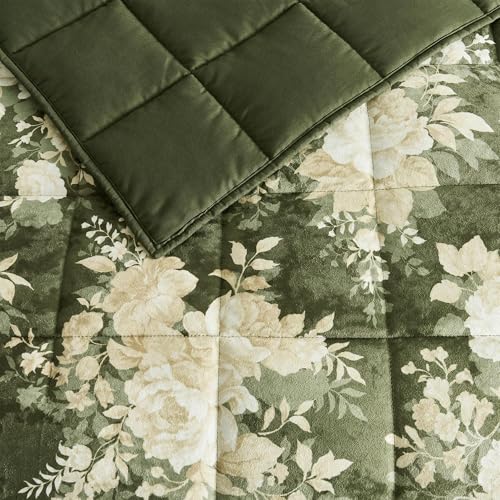 Image of Wonderful Luxury Velvet Quilt Set with Elegant Floral Printed,Queen Quilt Set with Shams,Green Soft Cozy for Bedspread /Light Comforter,All-Season,Pet-Friendly,Fit for Adults Teens Kids Bedroom,94 inchx94 inch
