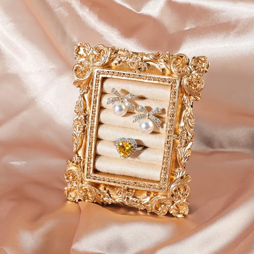 Image of Vintage Ring Holder Rectangle Gold Velvet Display Stand - Baroque Jewelry Organizer Box Tray for Wedding Engagement Anniversary Women Birthday Christmas Gift Photograph Prop (MPF05-Gold White)