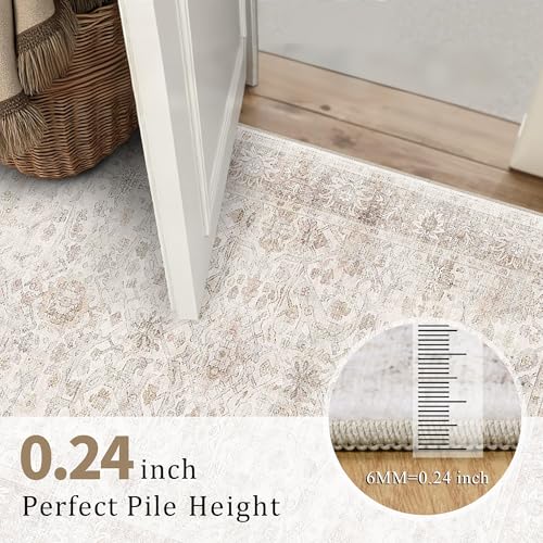 Image of 8x10 Beige Washable Area Rug Vintage Rug for Living Room Bedroom Low Pile Soft Non-Slip Boho Neutral Floral Rug for Under Table Distressed Retro Carpet for Bedroom Office Dining Room