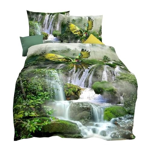 JACK by Kaeppel Mako Satin Digitaldruck Bettwäsche 2 TLG. Wasserfall Papagei Dschungel Regenwald Waterfall, Größe:135x200cm Bettwäsche