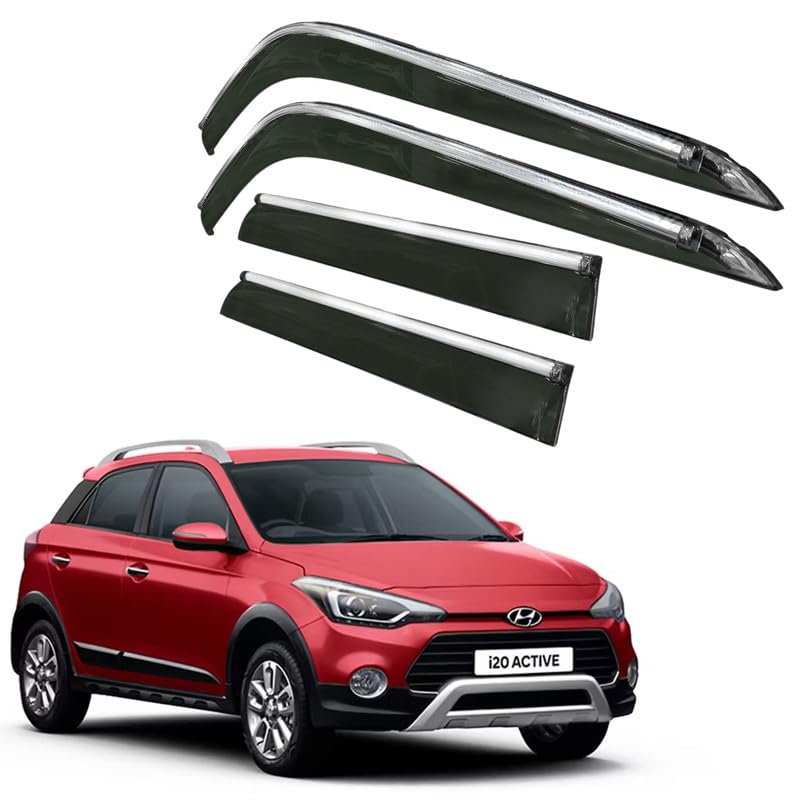 Image of CAR SAAZ Side Door Visors for I20 Active(Set of 4Pcs)|Chrome Lined Rain Guards, Polycarbonate, Smoke Finish