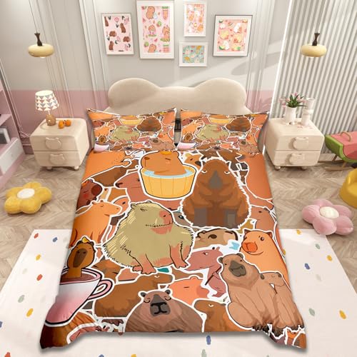 Parure de lit capybara une place avec housse de couette orange et marron - 2