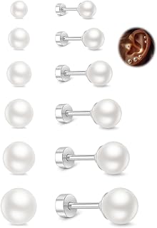 Small Pearl Stud Earrings for Women, 6 Pairs Hypoallergenic Flat Back Silver Pearl Studs Set 4-9MM, Surgical Stainless Steel Stud Earrings Sets for Multiple Piercing
