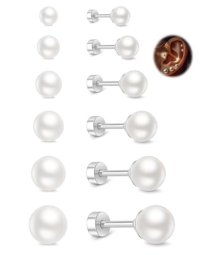ABPBA Small Pearl Stud Earrings for Women, 6 Pairs Hypoallergenic Flat Back Silver Pearl Studs Set 4-9MM, Surgical Stainless Steel Stud Earrings Sets for Multiple Piercing - 6 Pairs Pearls-Silver