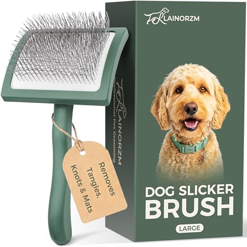 Lainorzm Slicker Brush for Dogs - Professional Long Pin Doodle Grooming Brush for Goldendoodles Poodles Labradoodles - Detangle Fluff & Dematting Tool for Wavy & Curly Hair (Large Curved)