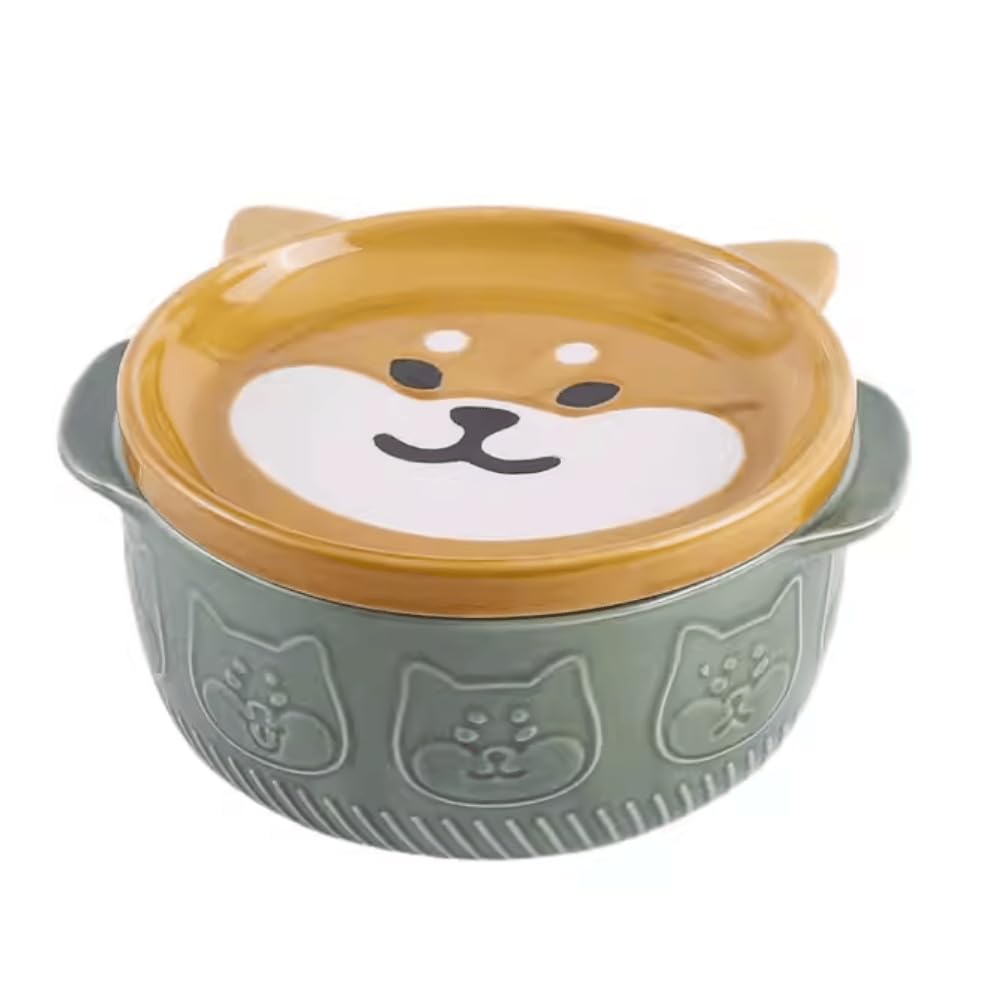 Japanese Style Ramen Bowl with Lid – Cute Animal Design, Ceramic Noodle Bowl with Cover (Ø15cm | H7.5cm) | Microwave, Oven, Dishwasher Safe (Shiba Inu)