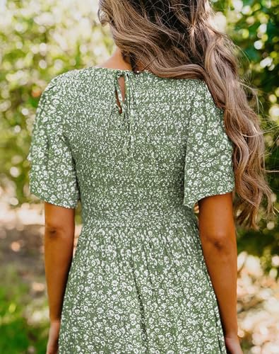 Image of Kranda Women 2025 Summer Fall Crewneck Short Sleeve Smocked Floral Maxi Dress
