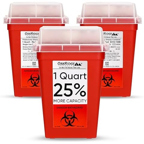 Oakridge Products Sharps Container for Home Use and Professional 1 Quart (3-Pack), Biohazard Needle and Syringe Disposal, Small Portable Container for Travel, CDC Certified Cover