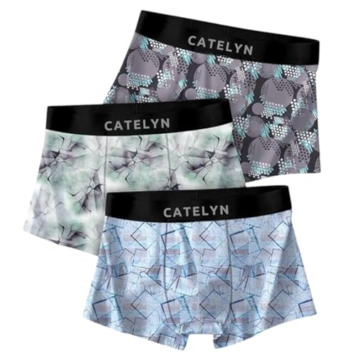 Image of CATELYN Printed Men's Extra Thin Elastic Ice Silk Underwear - Long, Comfortable, Breathable Boxer Brief Trunks, Smooth Fabric (Pack of 3)