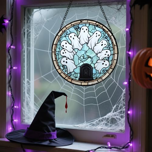 Image of Stained Glass Window Hanging - Halloween Decorations Ghosts Tombstones Suncatcher for Doors Garden Indoor Spooky Funny Sun Catchers Gothic Decor Horror Gifts for Women Men Friend 15 in