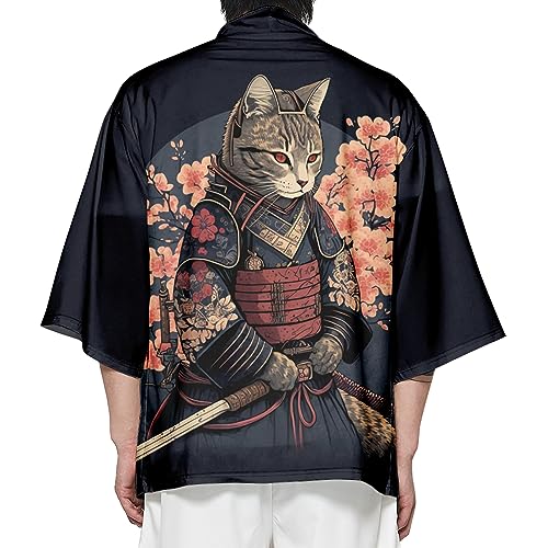 Image of DOSLAVIDA Men's Japanese Kimono Cardigan Suit Chinese Style Printed Jacket Pants Set Open Front Seven Sleeve Top & Shorts