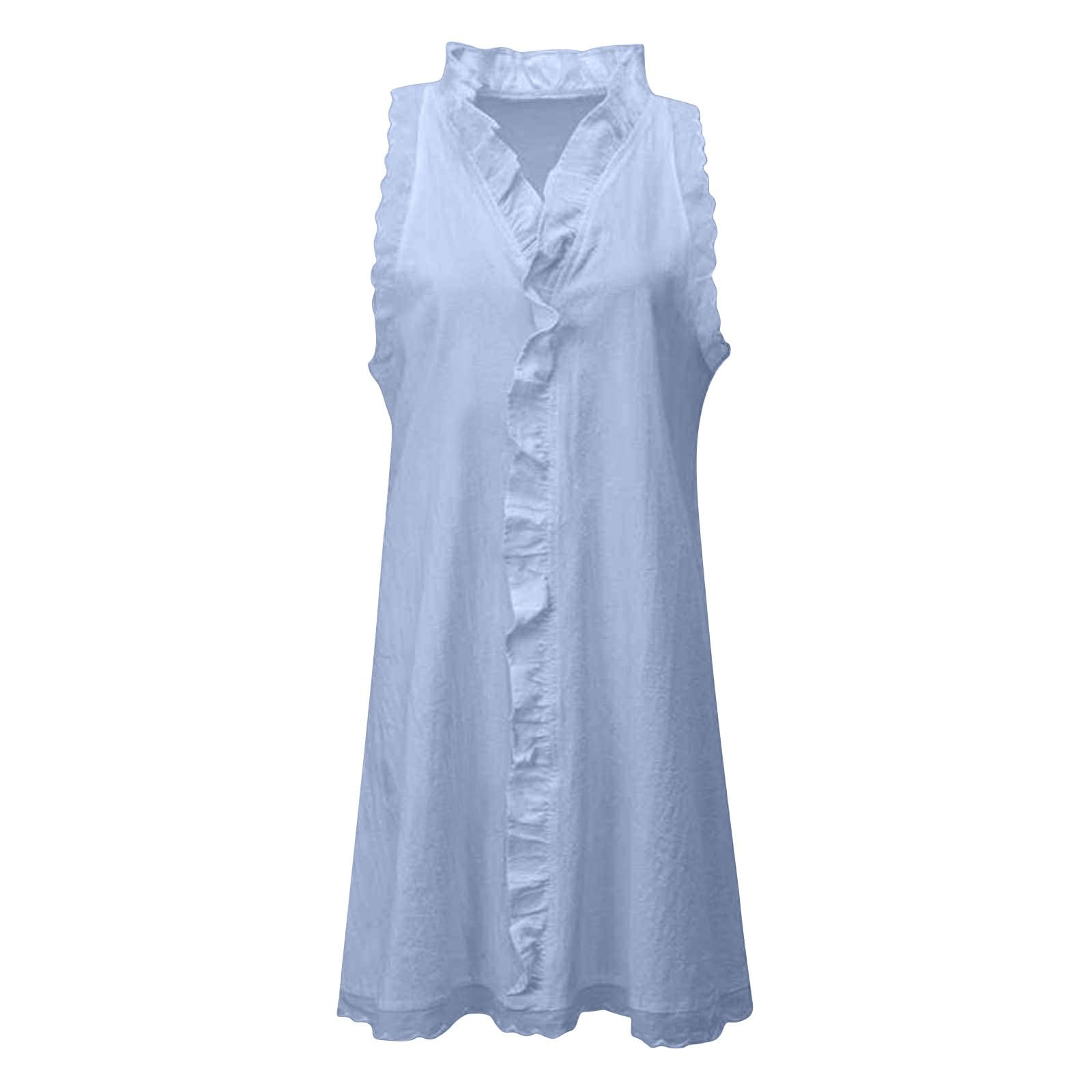 Vestito da spiaggia da donna, elegante, ampio, slim fit, con volant, orlo, senza maniche, per il tempo libero, con scollo a V, per vacanze, spiaggia, casual