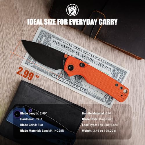 Image of Vosteed Porcupine Pocket Knife - 2.99 inch 14C28N Blade, G10 Handle | Black Stonewash Blade, Orange Handle, Top Liner Lock, Hunting & Hiking Knives - A2628