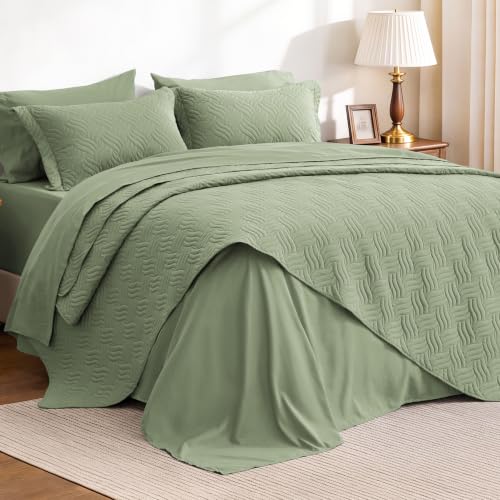 Love's cabin Quilts for Queen Bedspreads, 7 Pieces Bed in a Bag, Sage