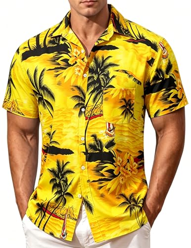Image of Men's Hawaiian Shirt Tops Vintage Short Sleeve Button Down Beach Shirt Male Tropical Floral Summer Pullover Party Holiday