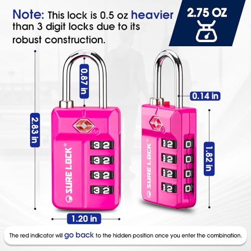 SURE LOCK TSA Approved 4-Digit Resettable Combination Luggage Locks with Open Alert, Easy-Read Dials - for Luggage, School Lockers, Gym, Office, Toolbox & Security Cases (Pink 2 Pack) 6