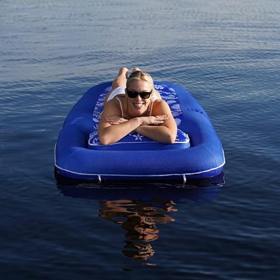 Aqua Premium Convertible Pool Float Lounge Extra Large Heavy Duty, Inflatable Pool Floats for Adults with Cupholder Navy/Green/White Stripe