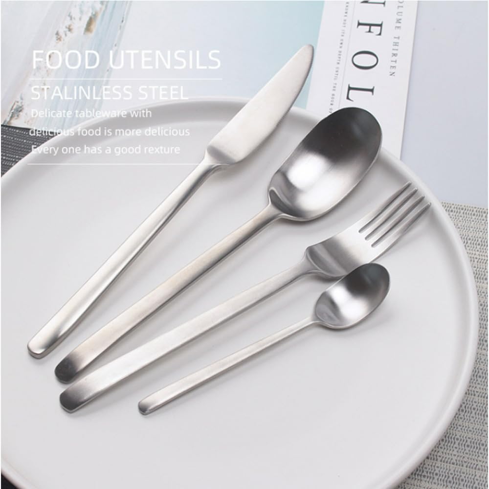Juego de cubiertos, juego de cubiertos de acero inoxidable, plástico transparente, juego de cuchara, cuchillo y tenedor, 16 piezas, mango esmerilado mate, cubiertos de cocina de acero inoxidable, cubi
