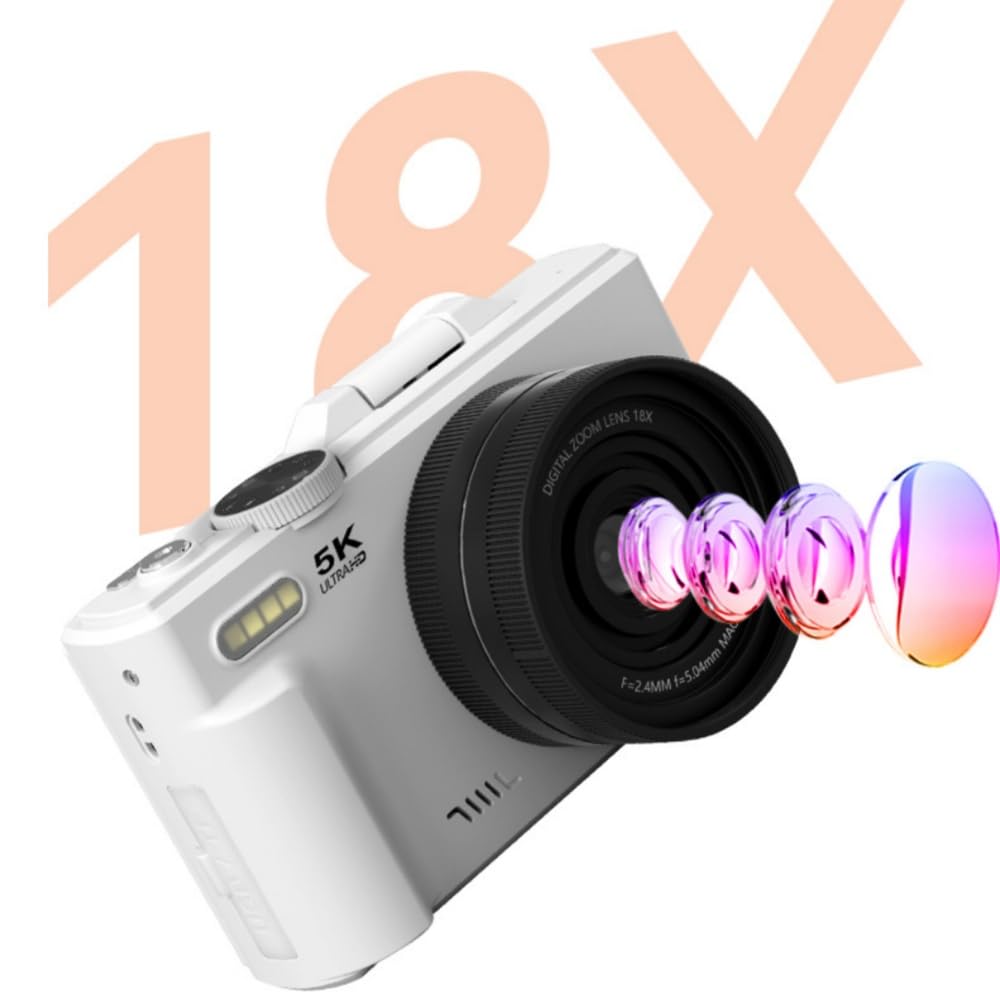 Optinexo 4K Digital Compact Camera Fotocamera digitale da 75 MP con zoom ottico 18x, schermo orientabile da 3 pollici, Wi-Fi, leggera, ideale per vlogging e viaggi