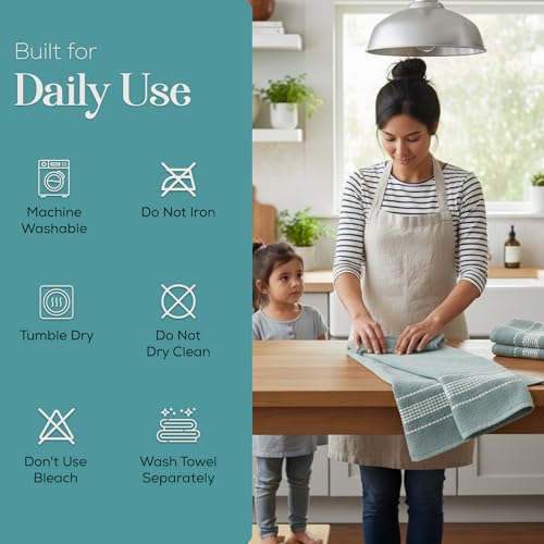 Image of Kitchen Towels, Blue and White Stitched Design Hand Towels, Cotton Soft Large 18 x 28 Dobby Weave Super Absorbent Tea Towels Drying Cloth Kitchen Linens