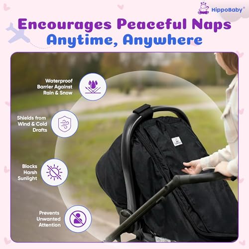 Image of HippoBaby Waterproof Baby Car Seat Cover | Windproof Carseat Cover for Babies | Infant Car Seat Canopy for Boys and Girls | Keeps Babies Warm & Comfy (Pink)