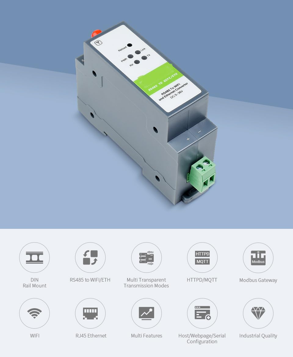 Módulo Convertidor Ethernet RS485 a WiFi, Servidor Serial De Montaje En Riel, Dispositivo De Comunicación De Adquisición De Datos IoT, TCP, UDP, DHCP, DNS, HTTP
