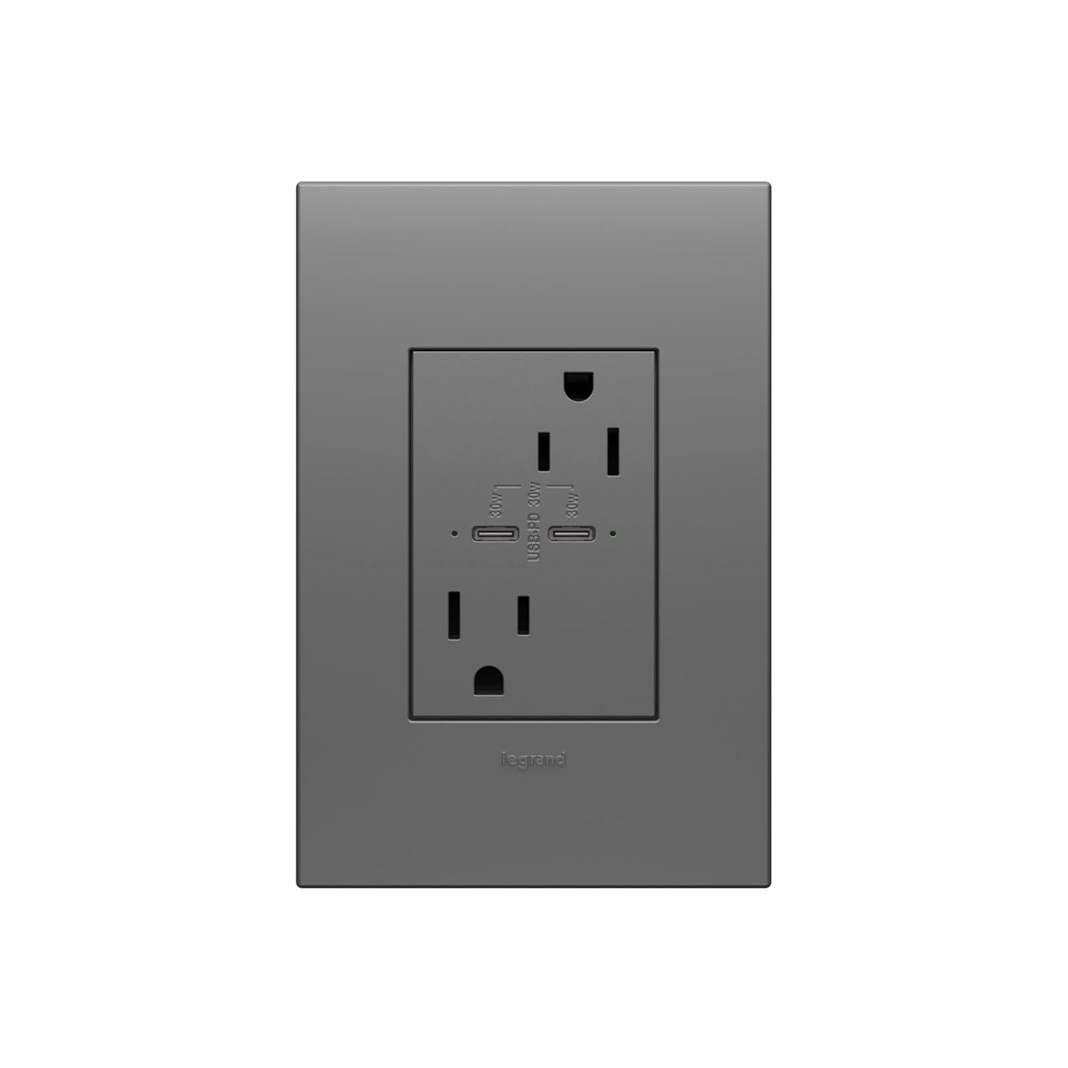 adorne 15A Tamper-Resistant Ultra-Fast Plus Power Delivery USB Type-C/C Outlet in Magnesium with Matching Wall Plate, 4-Pack, ARTRUSB15PD30M4-WP4PK ǀ Legrand