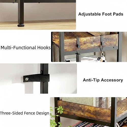Image of HealSmart 5 Tier L Shape Bookshelf, 65 inch Corner Bookcase with Hooks and Edge, Industrial Wooden Bookcase with Open Shelves and Metal Frame for Living Room, Bedroom, Home Office, Kitchen, Brown