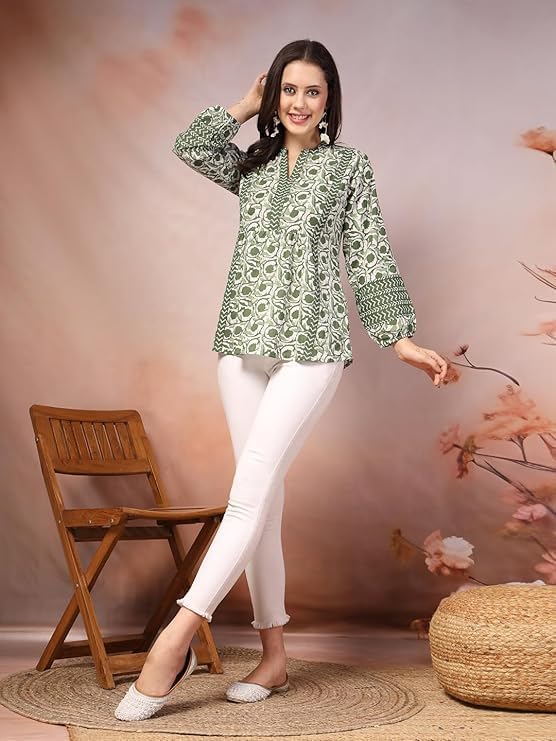 Image of Avayayat Women's Cotton Style Short Kurti for Women | Printed Straight Cotton Kurta | Round Neck Full Sleeves Short Kurti for Women's | Solid Printed Short Kurti Green
