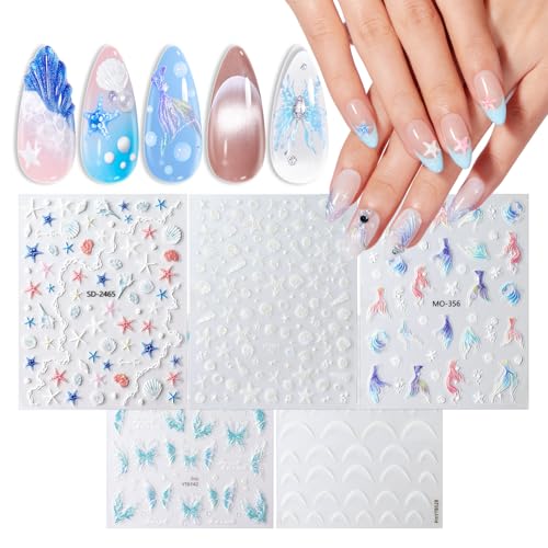 Modelones French Tip Nail Stickers – 3D Embossed Ocean Blue Mermaid Shells & Pearls Nail Decals, Nail Art Stickers for Nail Design, Women & Kids DIY Nails Supplies, Perfect Nail Stickers for Nail Art