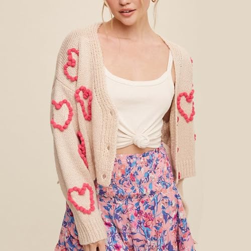 Image of Valentine's Day Cardigan Sweaters for Women Love Heart Print Button Down Cropped Cardigans Y2K Open Front Knit Sweater