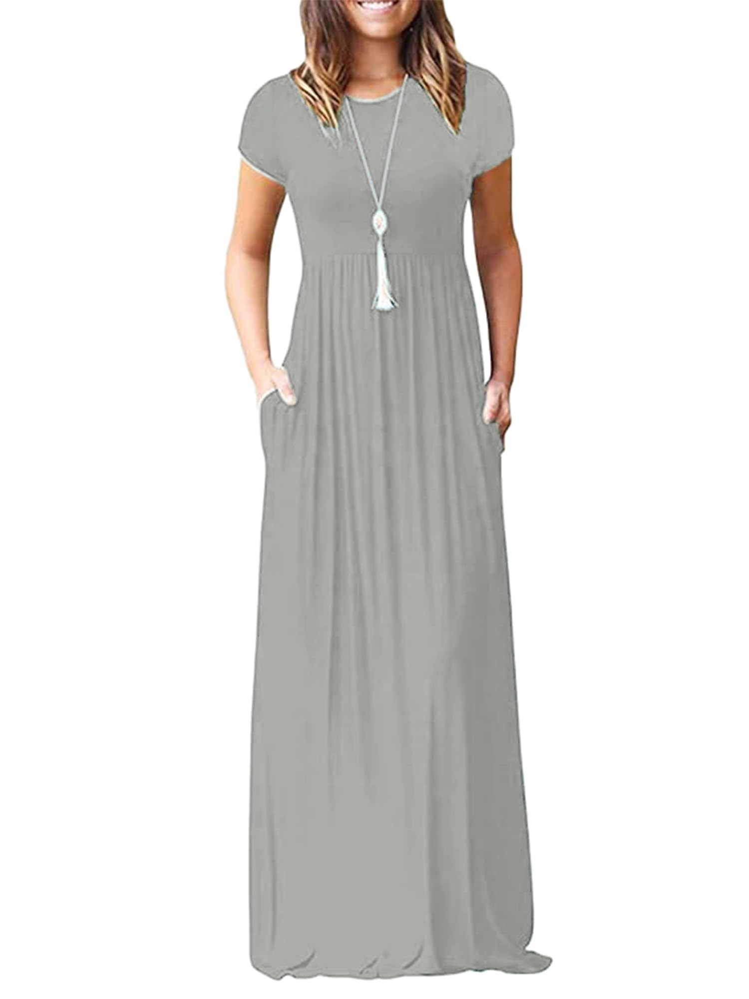 DEARCASE Maxi Dress for Women Short Sleeve Casual Summer Loose Plain Comfy Long Dresses with Pockets