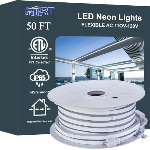 FORT LED Neon Rope Lights White 50FT Flexible AC 110V 120V LED Strip Lights Outdoor Waterproof Plug-Play Neon Strip Lighting Dot Free Cuttable Home Commercial Decor Neon Sign ETL FCC