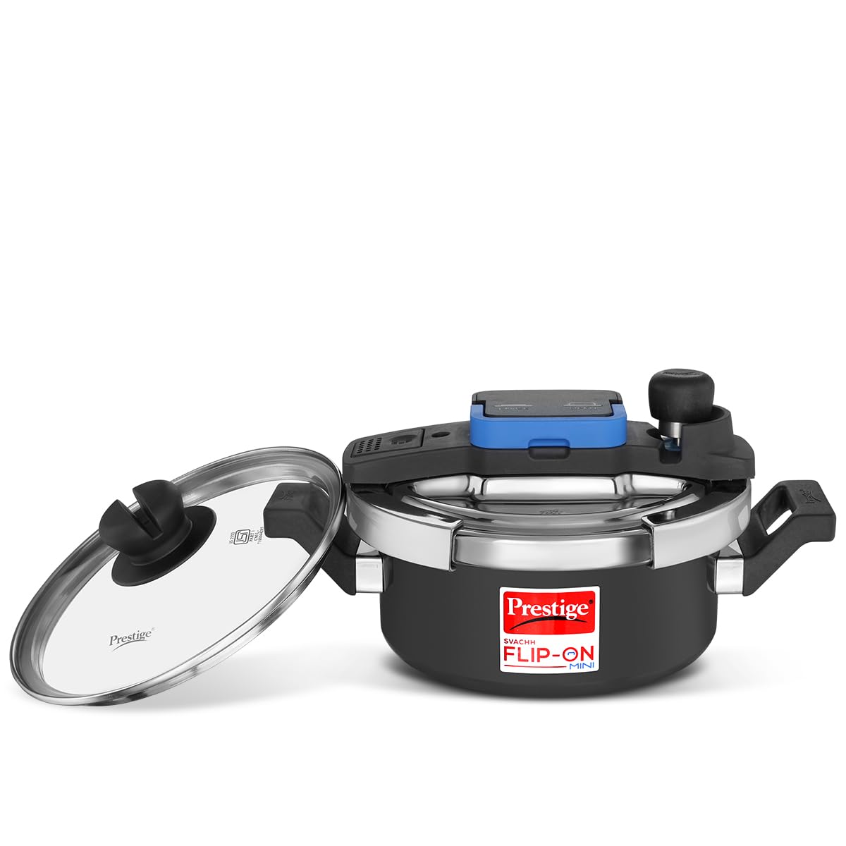 Prestige 2L Svachh FLIP-ON Mini Hard Anodised Pressure Cooker with glass lid|Innovative lock lid with spillage control|Gas & Induction compatible|5 years warranty|Black