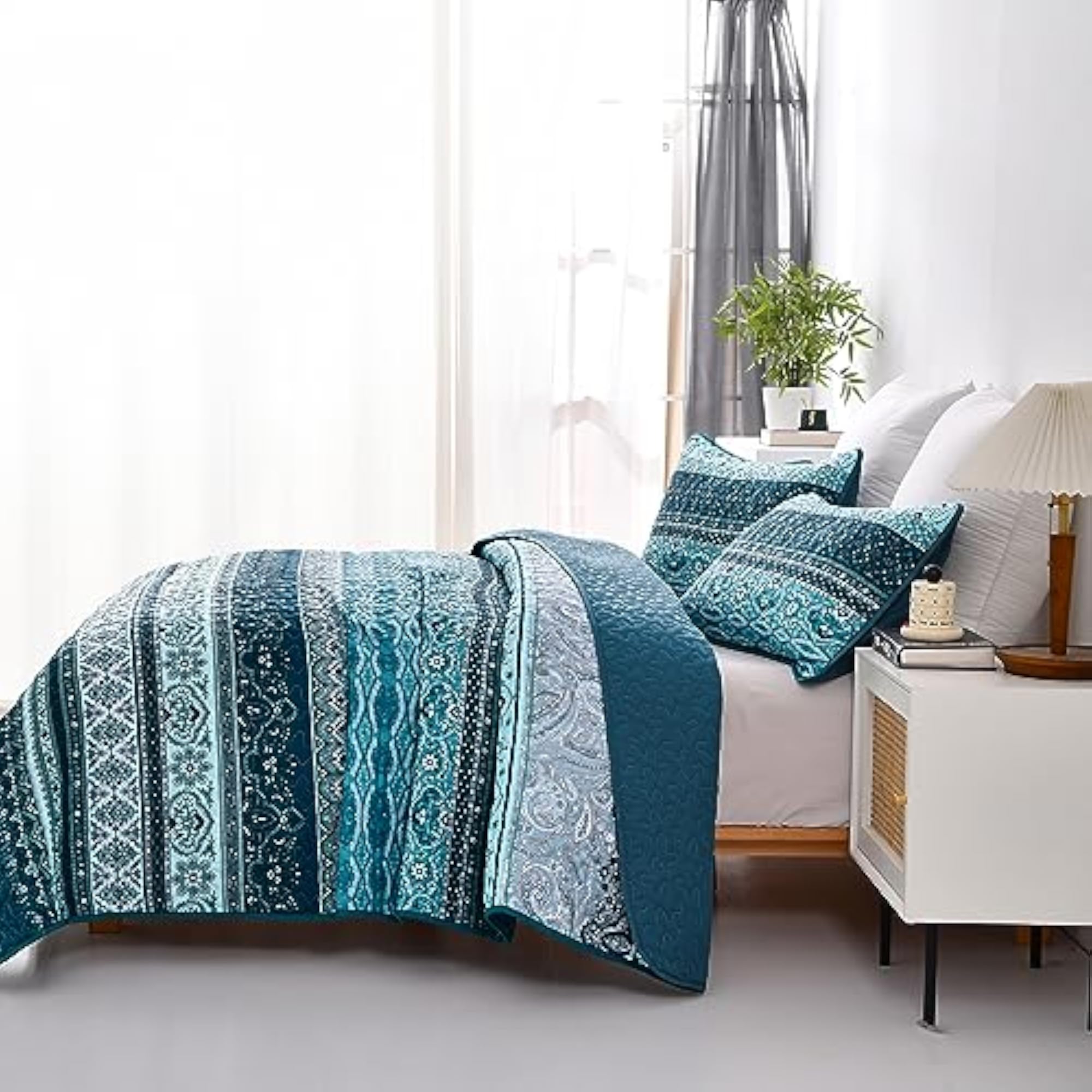 Boho Queen Quilt Set, Blue Bohemian Queen Quilt Set