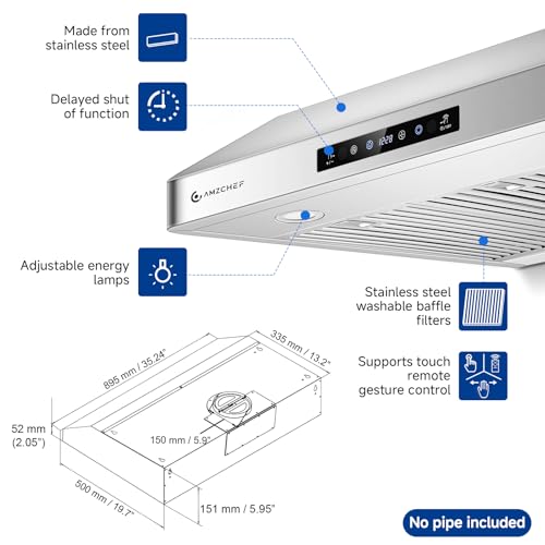 Image of 36 inch Under Cabinet Range Hood, 750 CFM Gesture & Touch Control Vent | Stainless Steel hood with Touch /Remote /Gesture Control, timer, LED lights & dishwasher-safe baffle filters 3 outlets