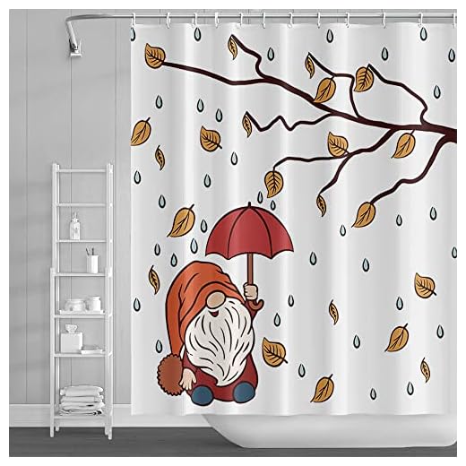 Ttincceer 152x183cm Divertido GNOME Cortina de Ducha Impermeable de Dibujos Animados Lluvia Enano Paraguas Cortina de baño Acuarela Tronco Hojas caídas Cortinas de Ducha Lavable bañera Cortina
