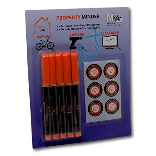 Minder Property Marking Pens - Including 5 x Invisible UV Ink Covert Marker Pens and Warning Stickers