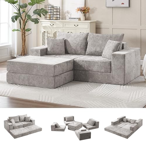 Image of 79 inch Boneless Loveseat Sofa Couch, Modular Foldable Floor Cloud Sofa with Ottoman, Lounge Convertible Sofa Bed for Living Room, No Assembly, Chenille Light Grey