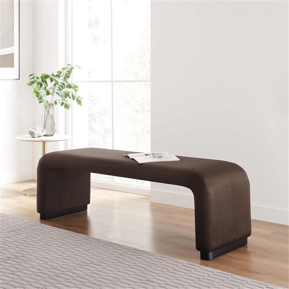 BOWERY HILL 60" Waterfall Long Bench, Performance Velvet Upholstery, Black Chocolate Brown, Dense Foam Padding, Metal Base with Adjustable Foot Caps, Stylish Living Room or Entryway Seating