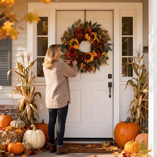 HipTree 24 Inch Fall Wreath for Front Door, Artificial Sunflower & Hydrangea Thanksgiving Wreath with Eucalyptus Leaves, Harvest Autumn Wreath for Indoor Outdoor Porch Farmhouse Home Decor — view 5