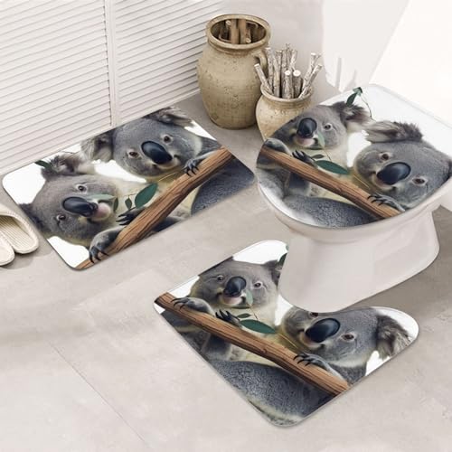 Dwrepo Funny Koalas Print Bathroom Rug Set 3 Piece with Non-Slip U-Shaped Contour Mat and Toilet Lid Cover for Bathroom Decoration